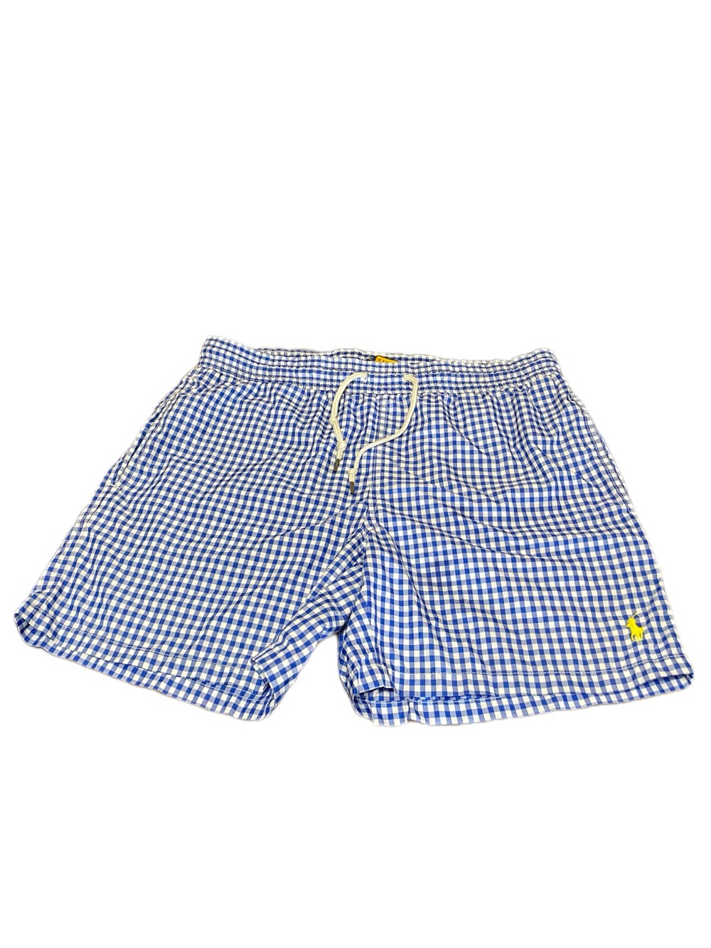 Polo Ralph Lauren Men's Blue and White Gingham Swim Trunks with Yellow Logo